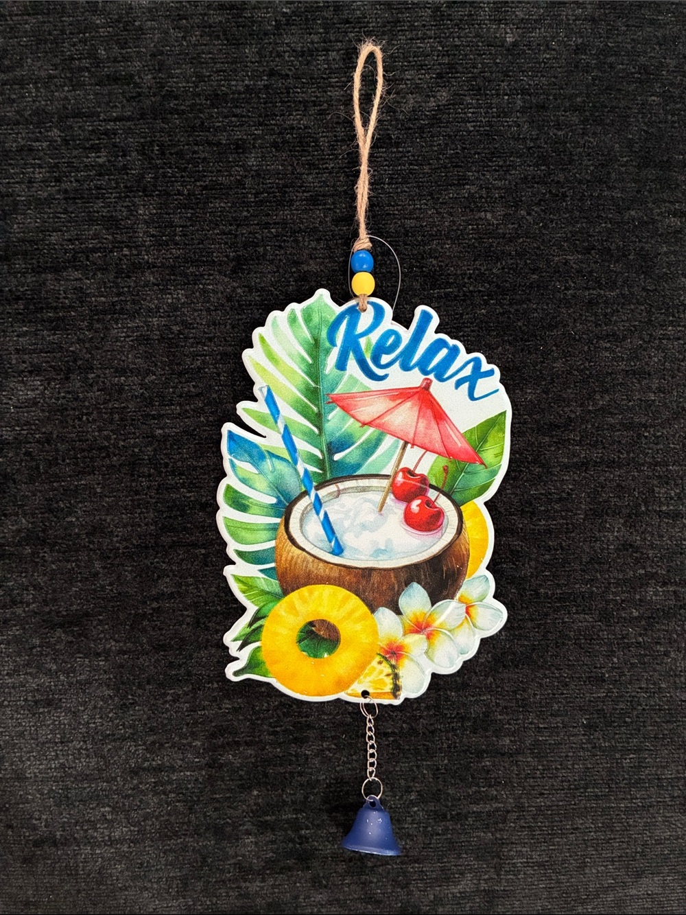 NWT- RELAX- Tropical Metal Wall Hanging w/ Ringing Bell & Beaded Hanger 🍹